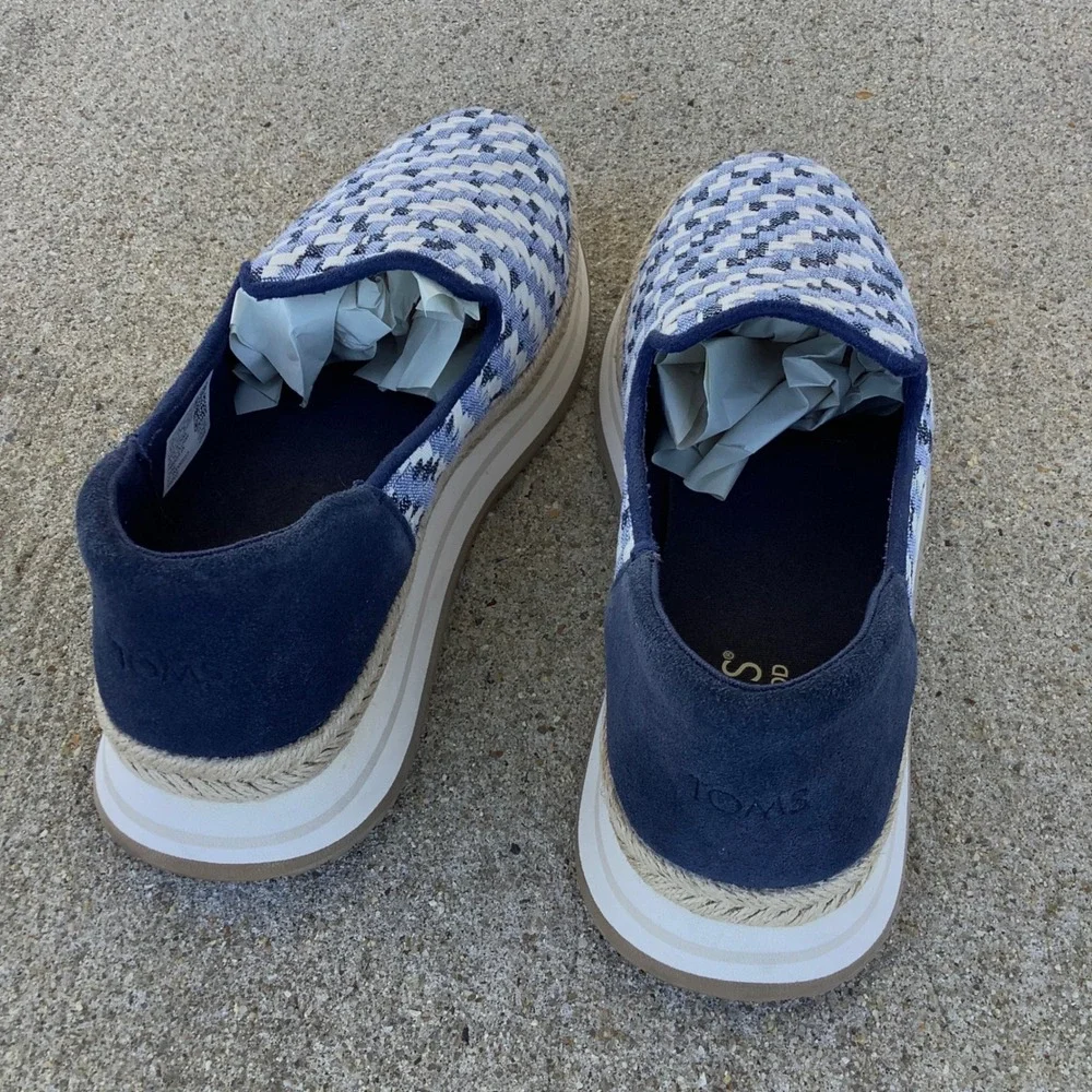 TOMS Alpargata Mallow Mule Espadrilles Blue White Woven Platform Shoes Women 8.5